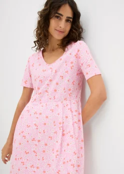 bonprix bonprix Vestido midi de punto de algodón Rosa/salmón/blanco Discount
