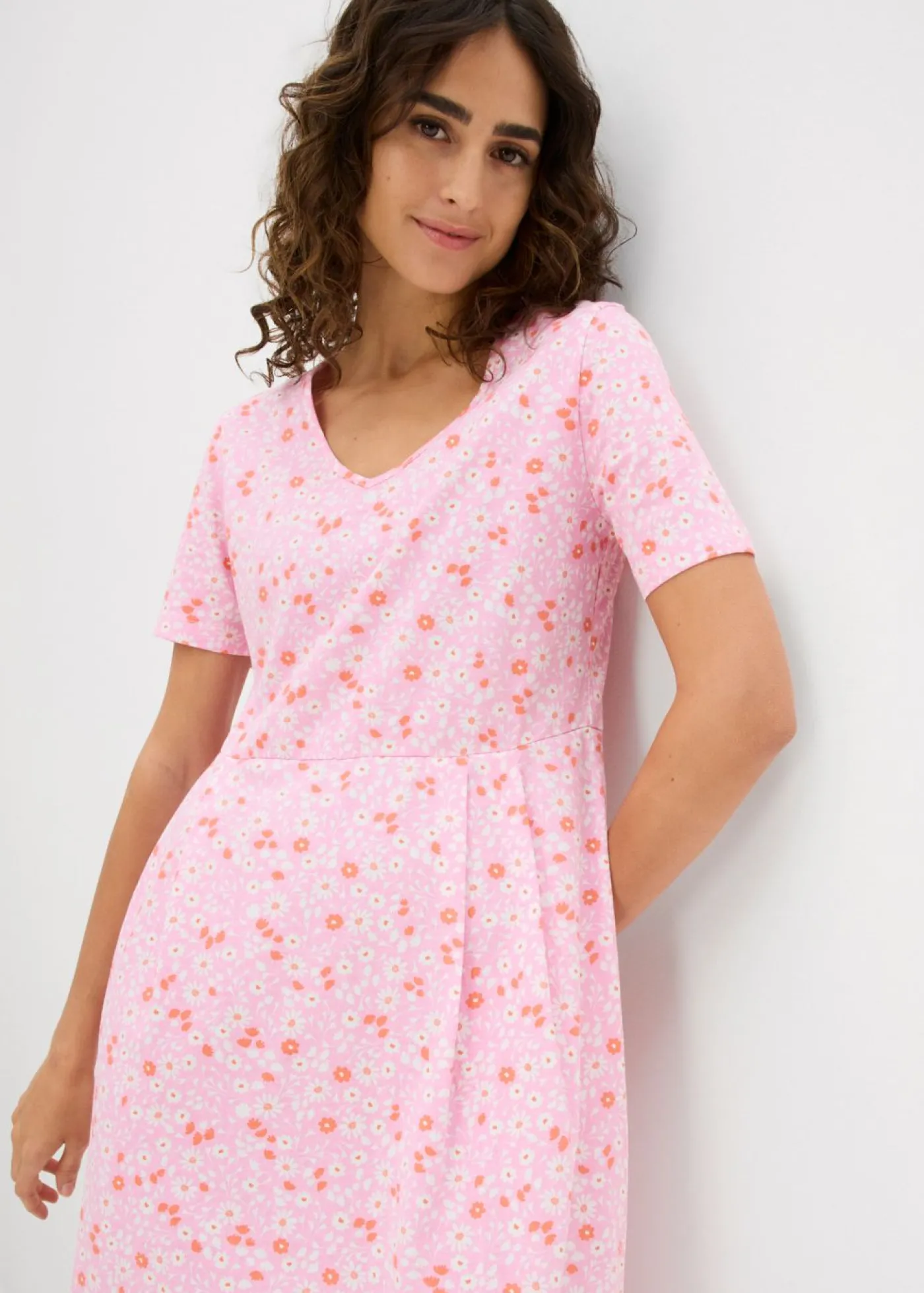 bonprix bonprix Vestido midi de punto de algodón Rosa/salmón/blanco Discount