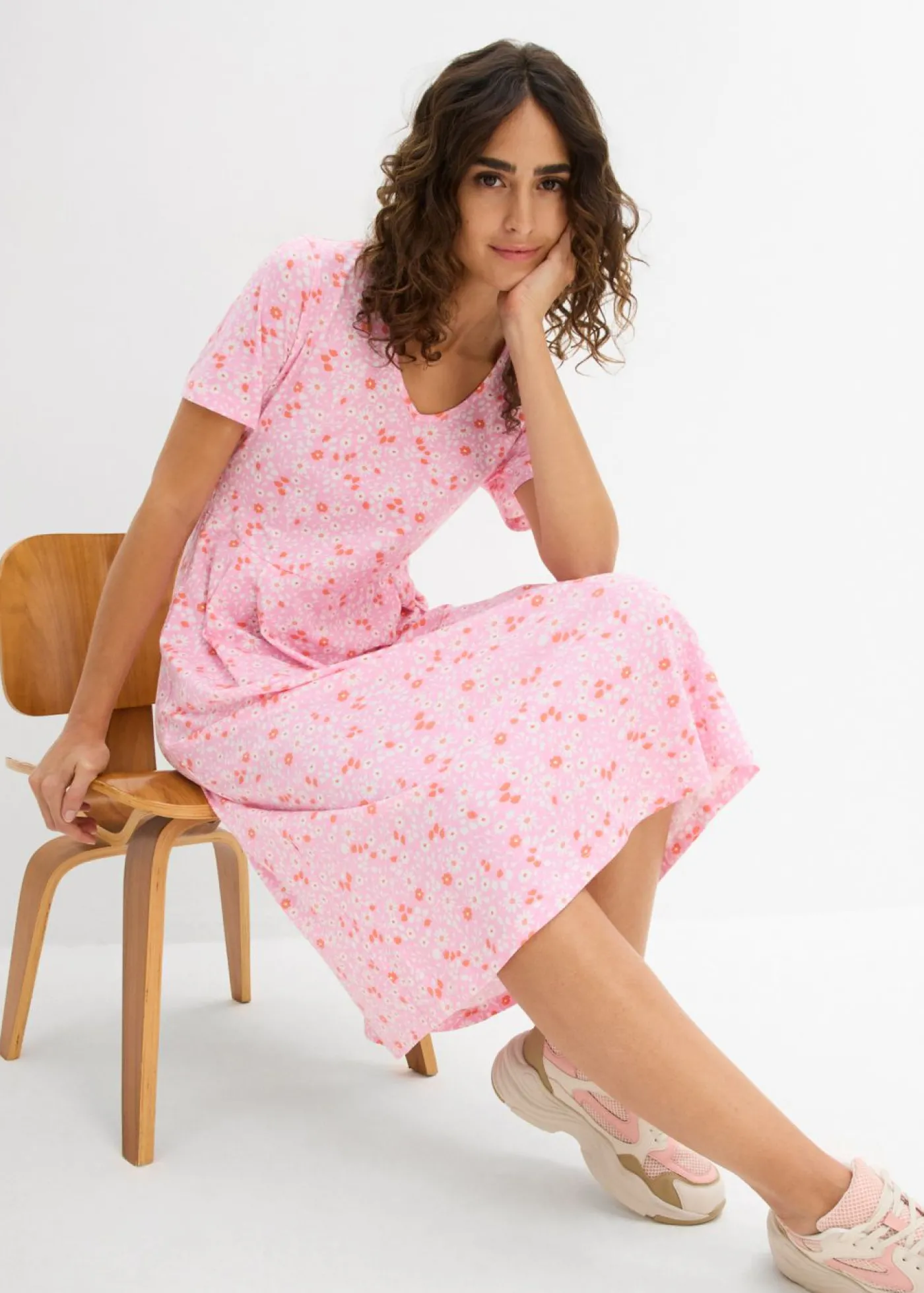 bonprix bonprix Vestido midi de punto de algodón Rosa/salmón/blanco Discount