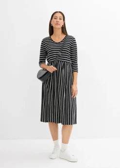 bonprix bonprix Vestido midi de punto de algodón negro-blanco lana con rayas Sale