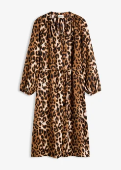 bonprix bonprix Vestido midi de satén fluido estampado leo marrón Outlet