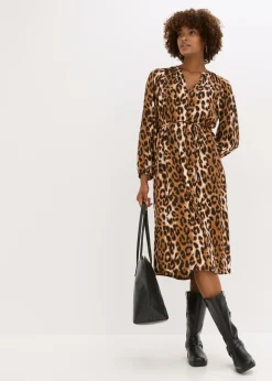 bonprix bonprix Vestido midi de satén fluido estampado leo marrón Outlet