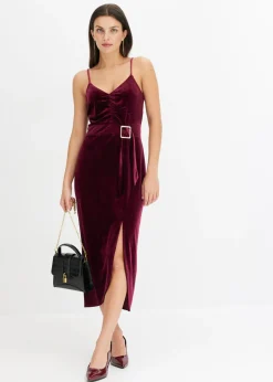 bonprix bonprix Vestido midi de terciopelo suave y tirantes finos Rojo oscuro Discount
