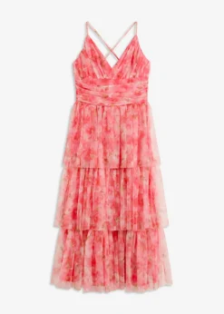 bonprix bonprix Vestido midi de tul fino con volantes rosa caliente con flores Hot
