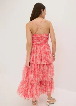 bonprix bonprix Vestido midi de tul fino con volantes rosa caliente con flores Hot