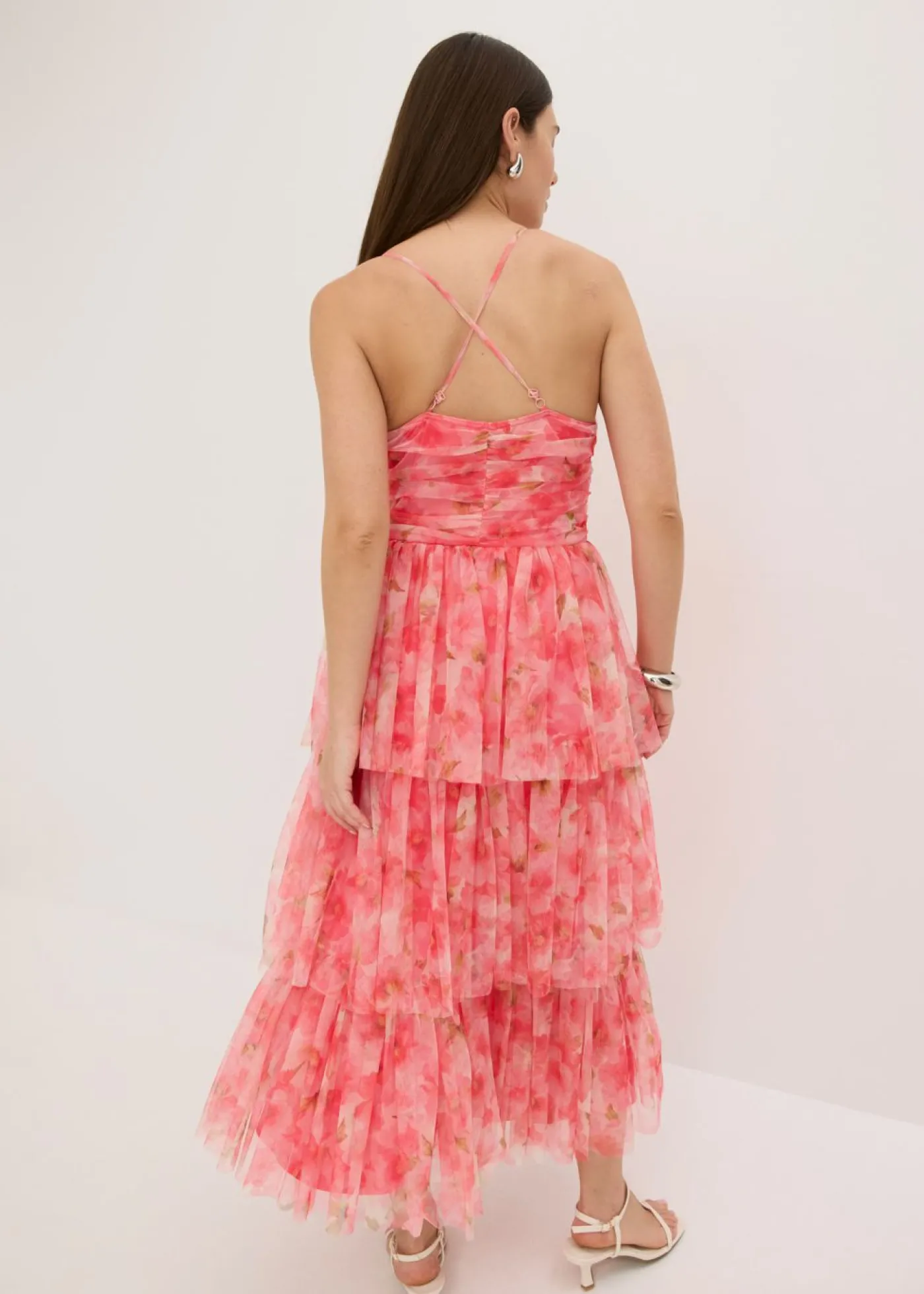 bonprix bonprix Vestido midi de tul fino con volantes rosa caliente con flores Hot