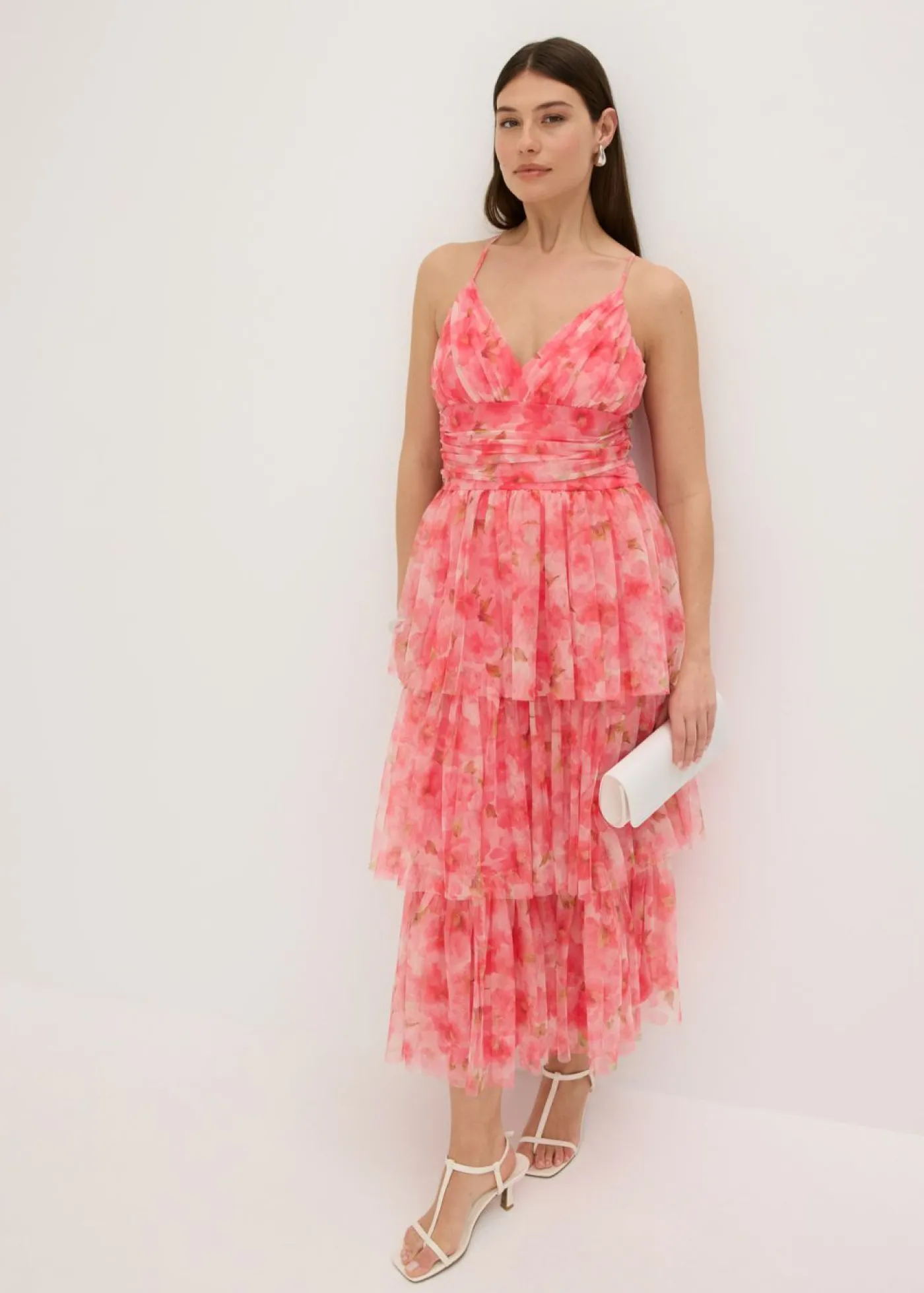 bonprix bonprix Vestido midi de tul fino con volantes rosa caliente con flores Hot