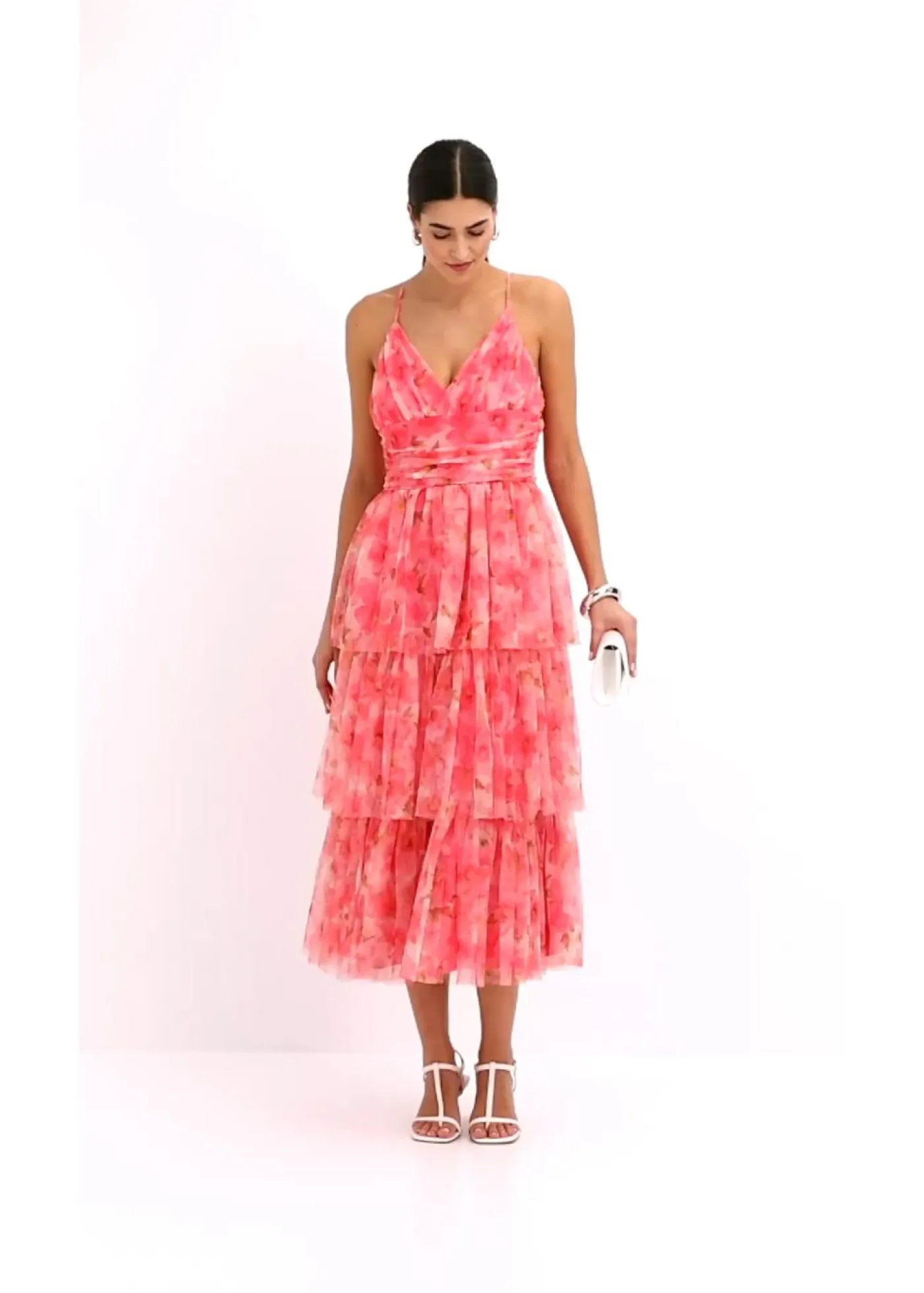 bonprix bonprix Vestido midi de tul fino con volantes rosa caliente con flores Hot