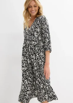 bonprix bonprix Vestido midi de viscosa fluida Negro-blanco lana estampado Best