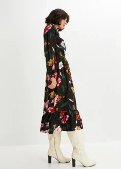 bonprix bonprix Vestido midi de viscosa fluida Negro de flores Online