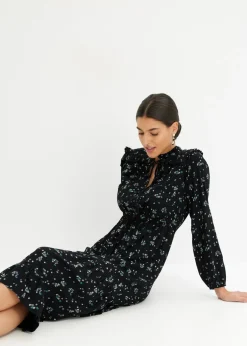 bonprix bonprix Vestido midi de viscosa pura Negro de flores New