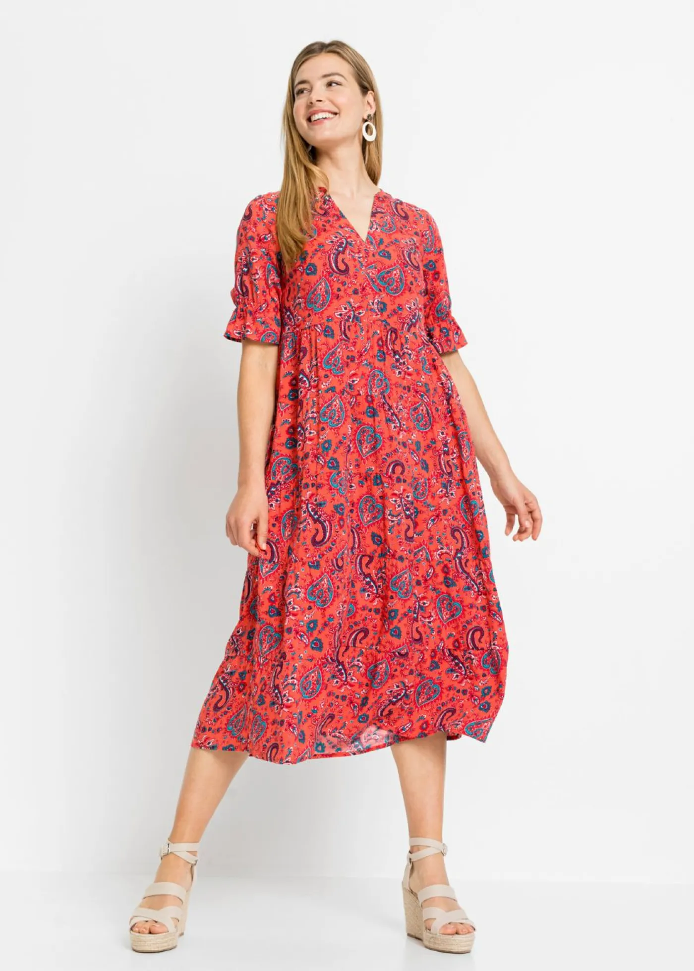 bonprix bonprix Vestido midi de viscosa pura Rojo Discount