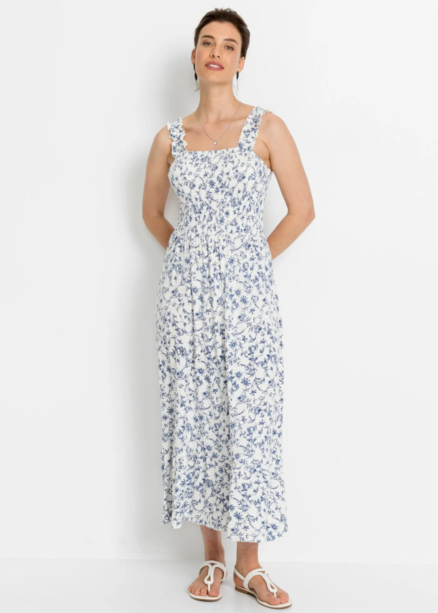 bonprix bonprix Vestido midi de viscosa sostenible Blanco lana-azul de flores Best