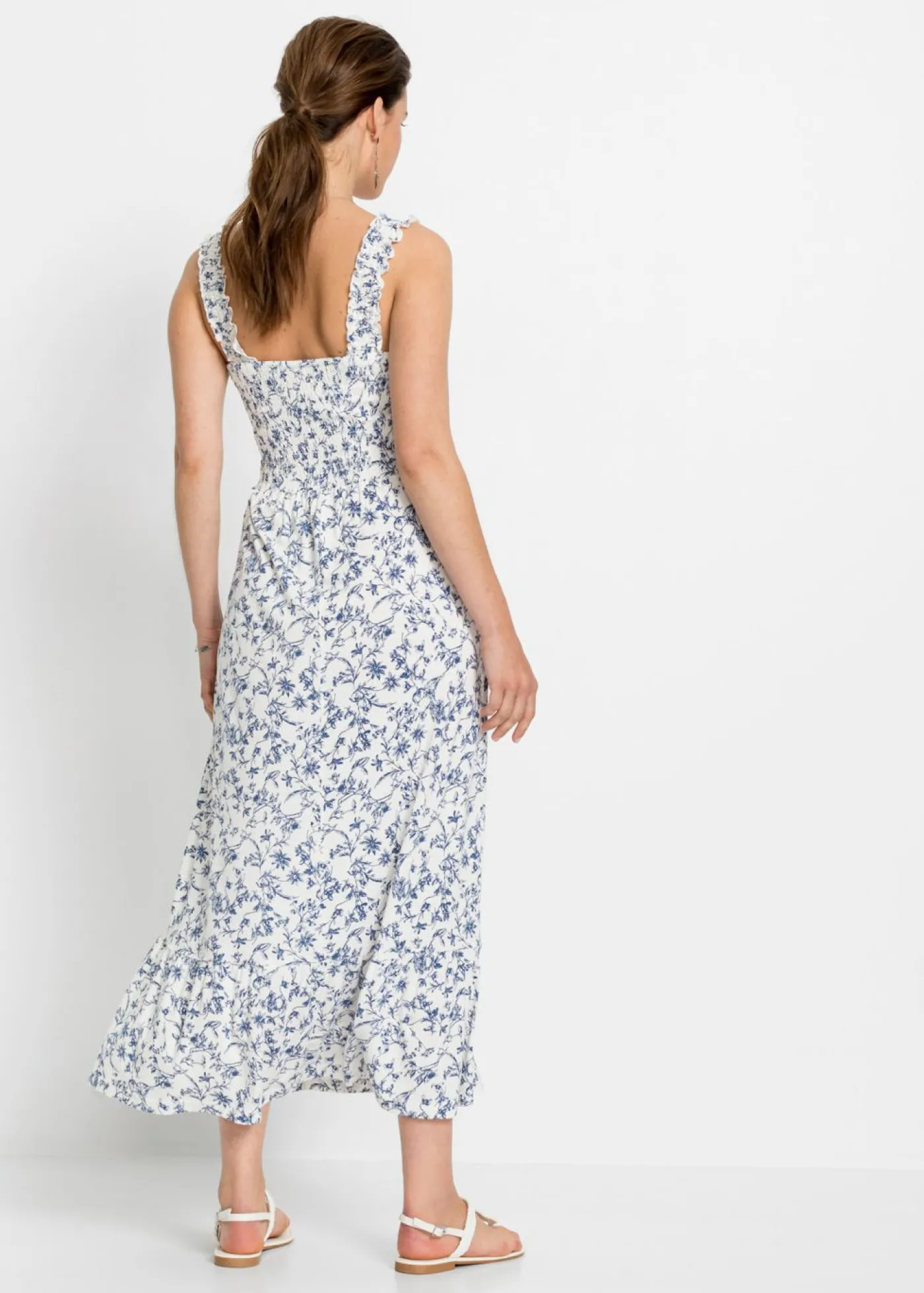 bonprix bonprix Vestido midi de viscosa sostenible Blanco lana-azul de flores Best