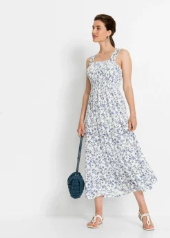 bonprix bonprix Vestido midi de viscosa sostenible Blanco lana-azul de flores Best