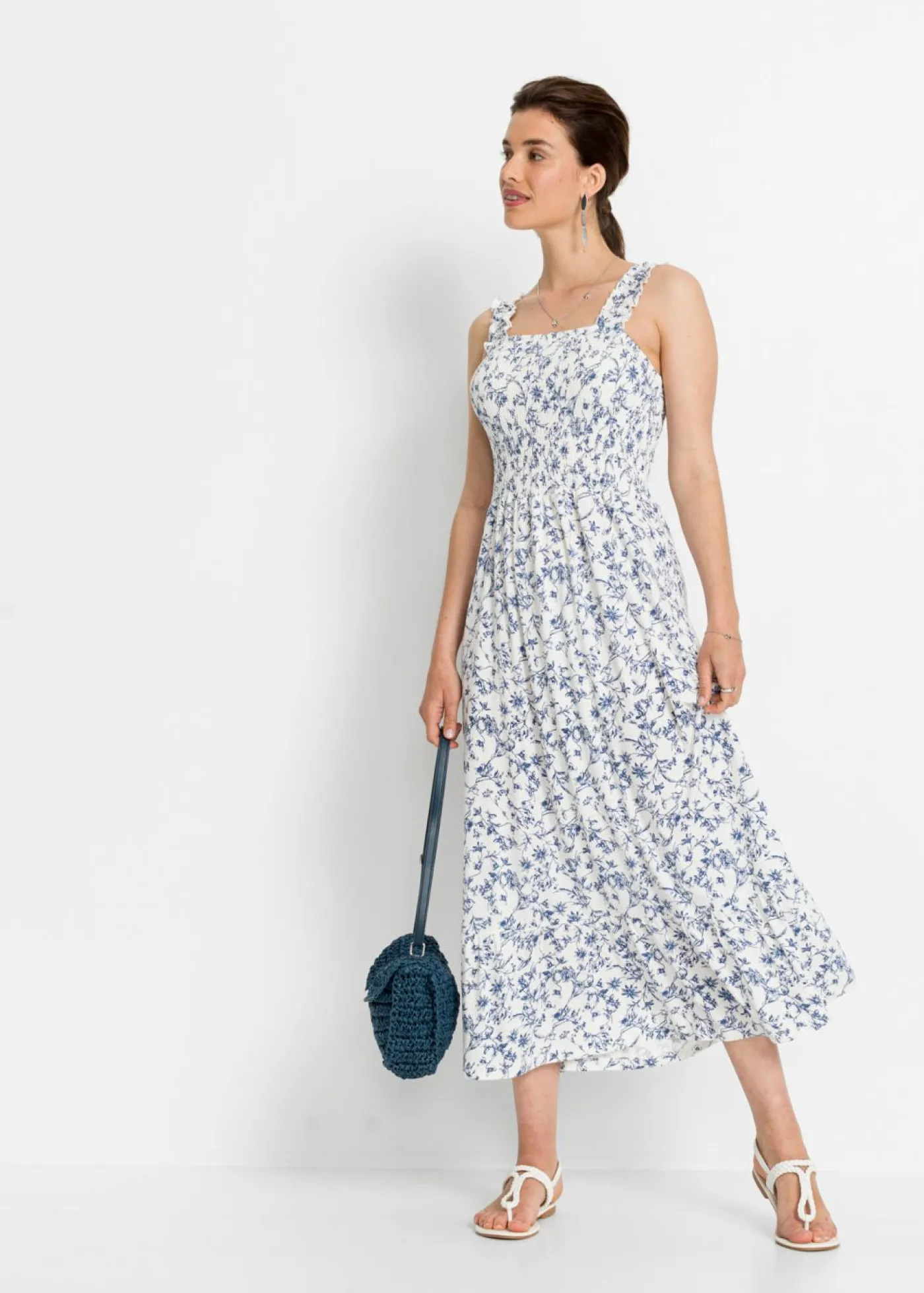 bonprix bonprix Vestido midi de viscosa sostenible Blanco lana-azul de flores Best
