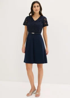 bonprix bonprix Vestido mini con encaje y cinturón Azul marino Sale