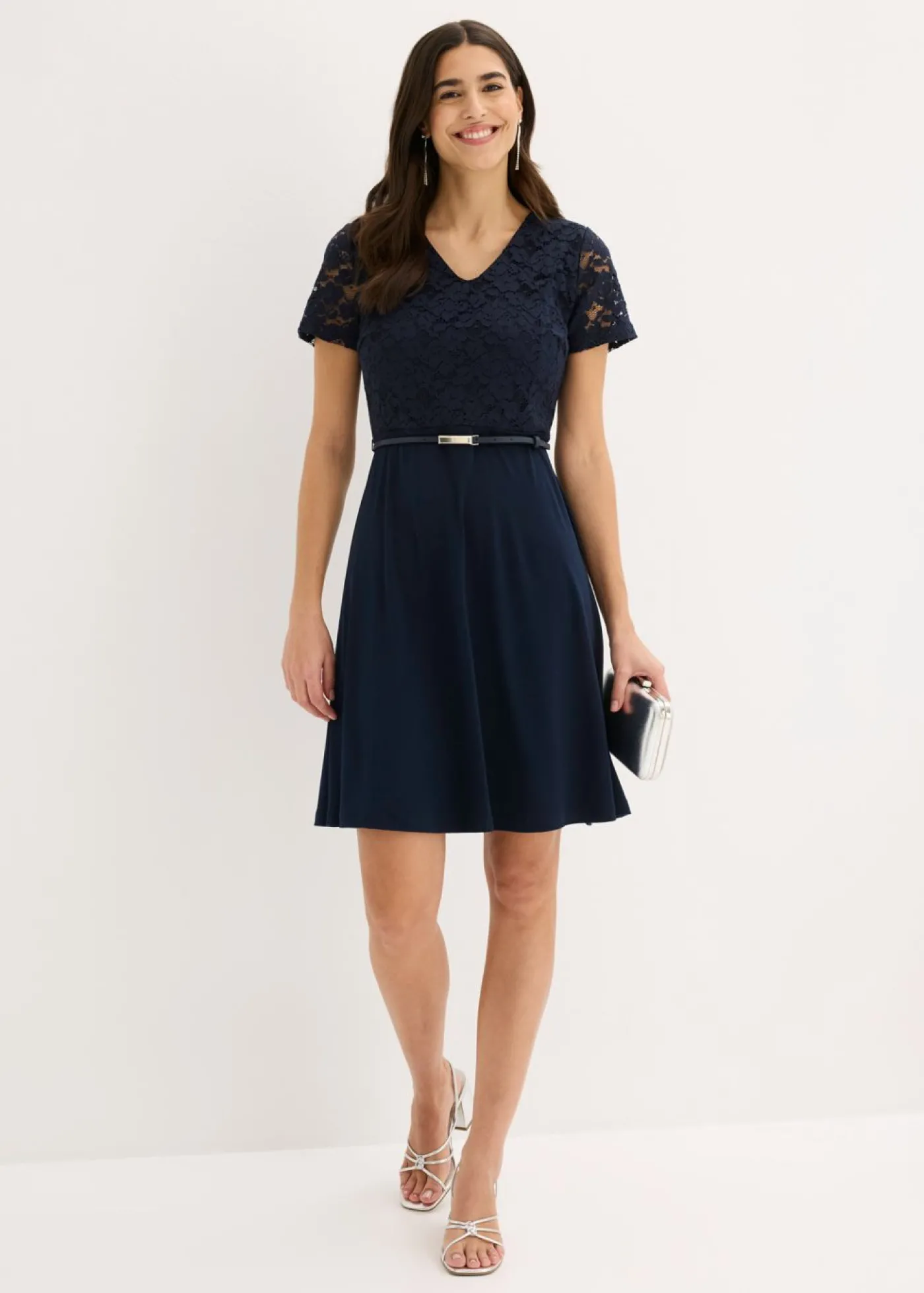 bonprix bonprix Vestido mini con encaje y cinturón Azul marino Sale