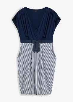 bonprix bonprix Vestido peplum con lazo en la cintura Azul marino-blanco de rayas Sale