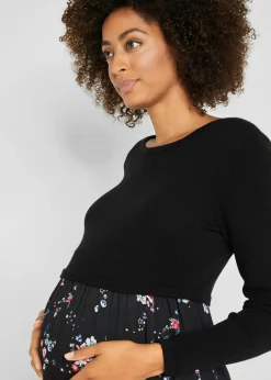 bonprix bonprix Vestido premamá de punto y viscosa Negro de flores Clearance