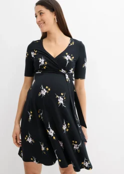 bonprix bonprix Vestido premamá/de lactancia de viscosa suave negro-frambuesa con flores Clearance