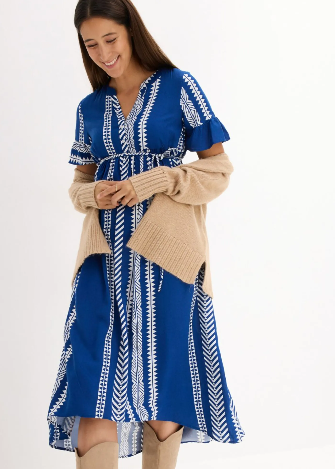 bonprix bonprix Vestido premamá/de lactancia 2 en 1 de viscosa fluida Blanco-azul real con estampado gráfico