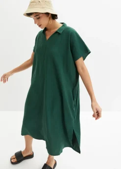 bonprix bonprix Vestido tipo caftán de mezcla ligera de viscosa y lino Verde oscuro Clearance
