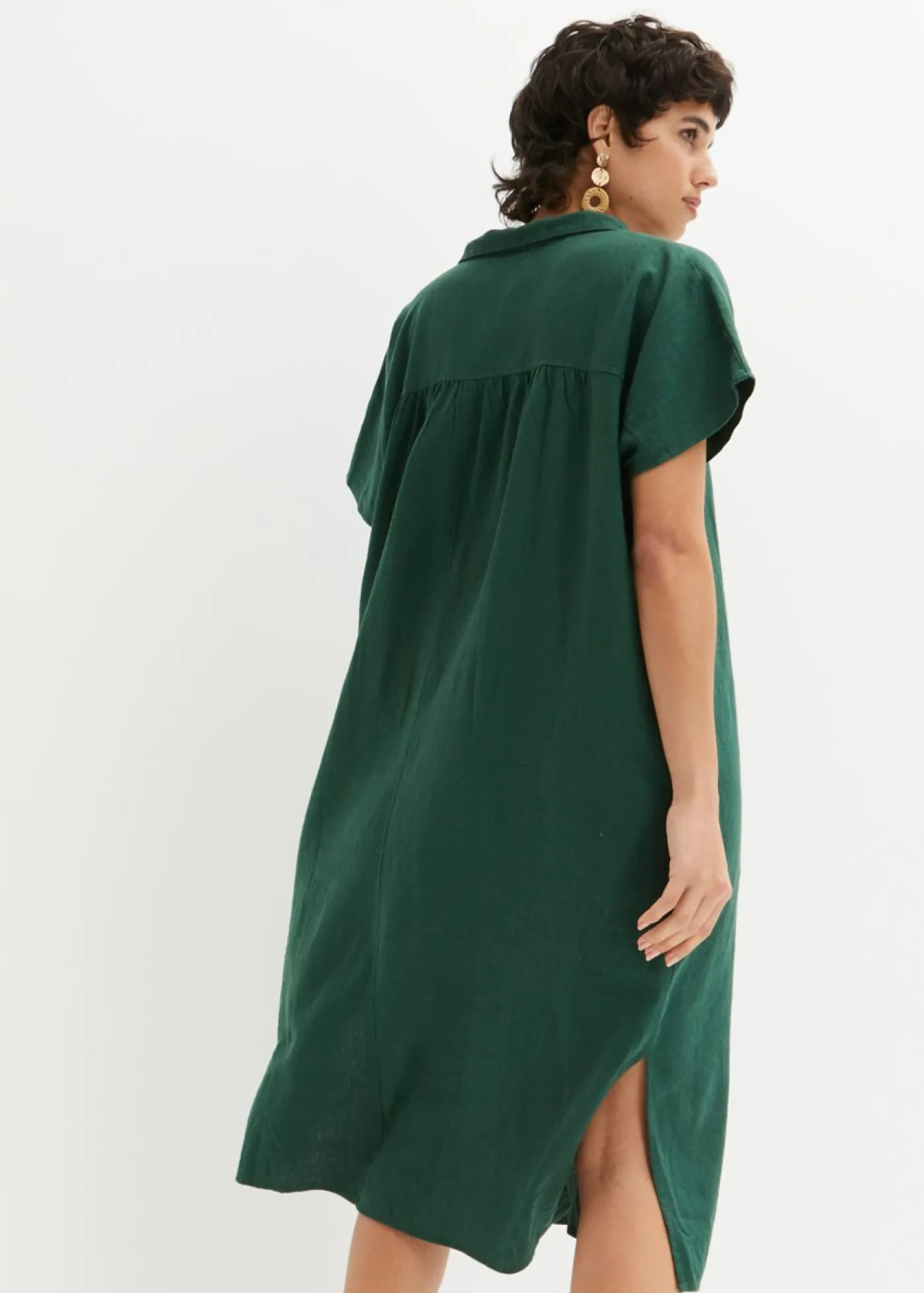 bonprix bonprix Vestido tipo caftán de mezcla ligera de viscosa y lino Verde oscuro Clearance