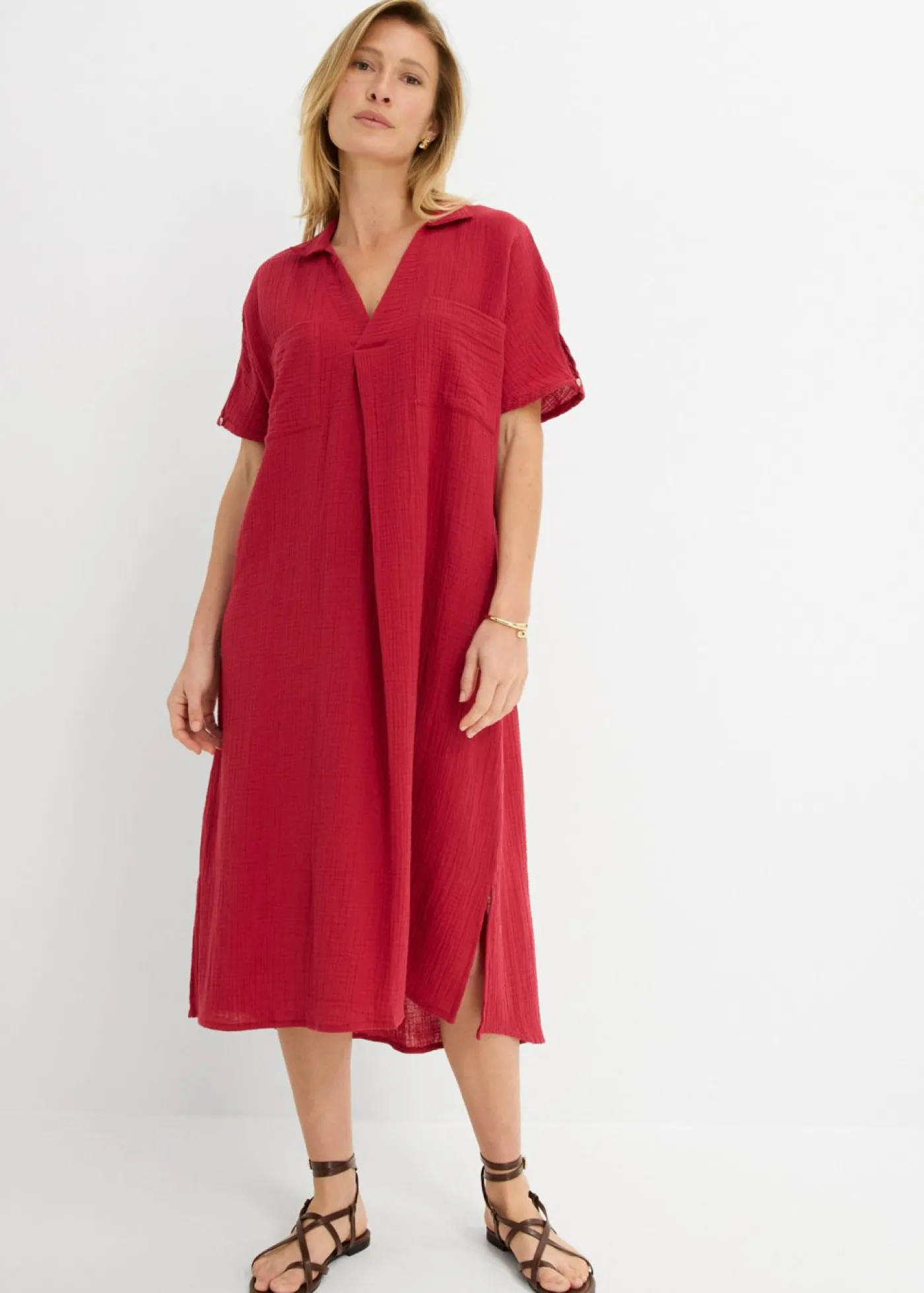 bonprix bonprix Vestido tipo caftán de muselina suave Cereza New