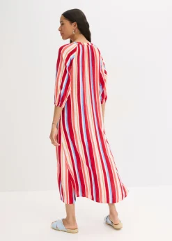 bonprix bonprix Vestido tipo caftán de viscosa estructurada de rayas rojo amapola-salmón claro-blanco con rayas Clearance