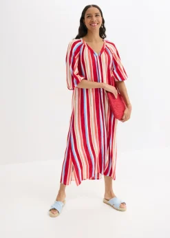bonprix bonprix Vestido tipo caftán de viscosa estructurada de rayas rojo amapola-salmón claro-blanco con rayas Clearance