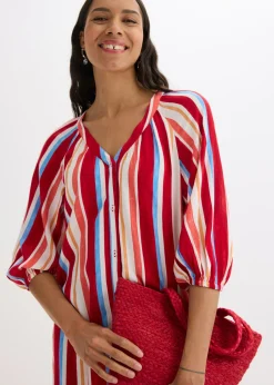 bonprix bonprix Vestido tipo caftán de viscosa estructurada de rayas rojo amapola-salmón claro-blanco con rayas Clearance