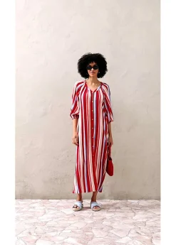 bonprix bonprix Vestido tipo caftán de viscosa estructurada de rayas rojo amapola-salmón claro-blanco con rayas Clearance