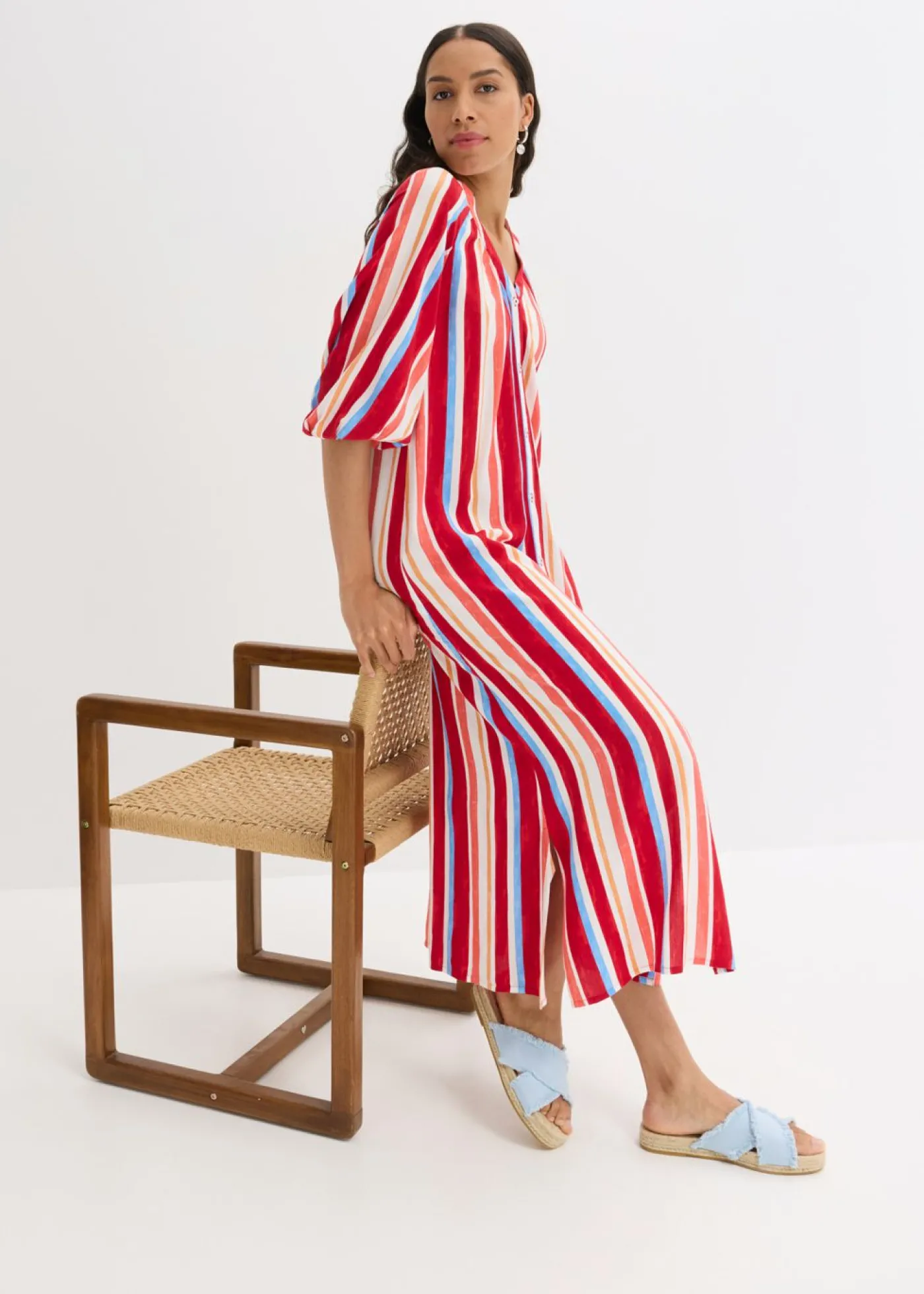 bonprix bonprix Vestido tipo caftán de viscosa estructurada de rayas rojo amapola-salmón claro-blanco con rayas Clearance