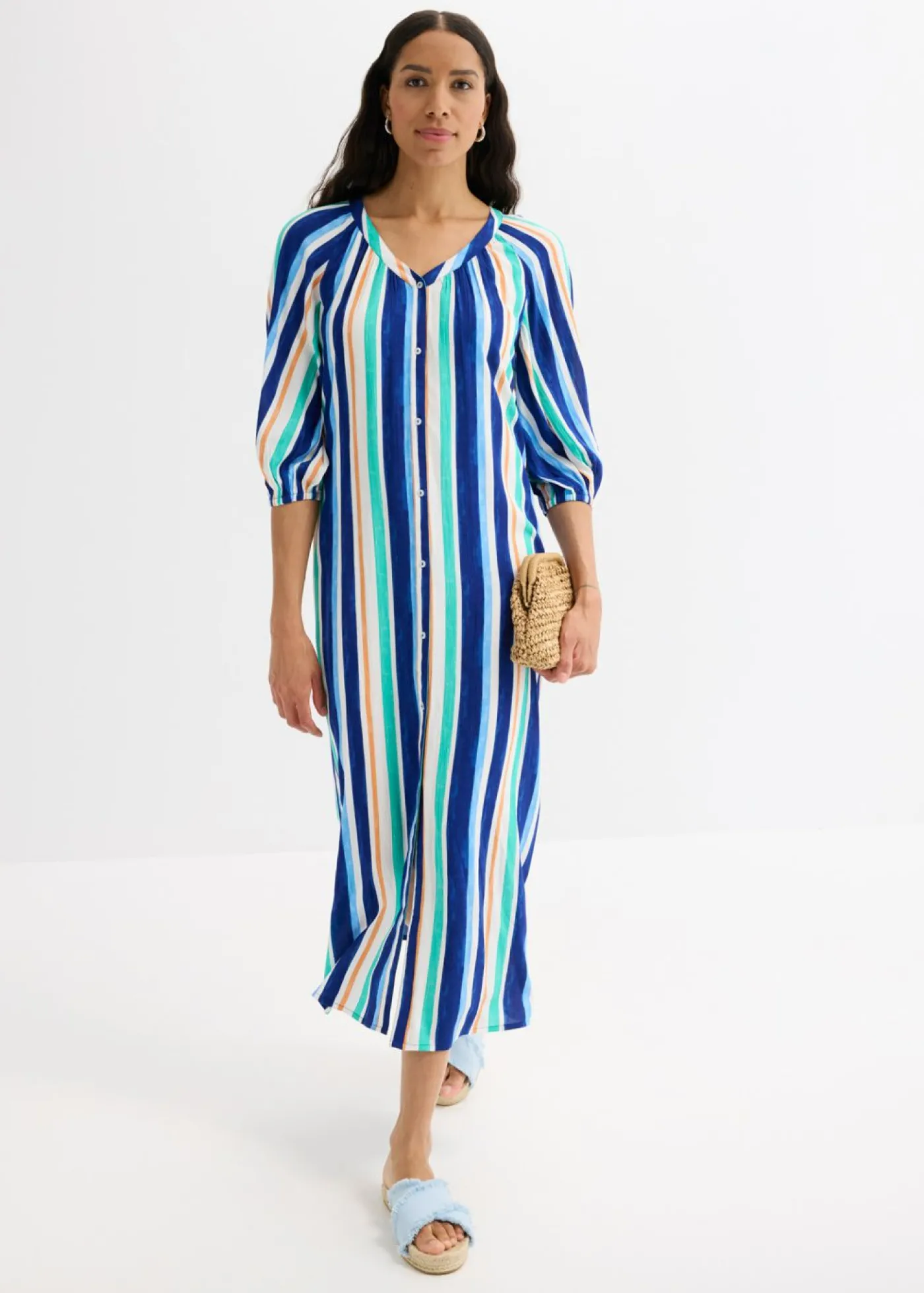 bonprix bonprix Vestido tipo caftán de viscosa estructurada de rayas azul ártico-azul claro-blanco con rayas