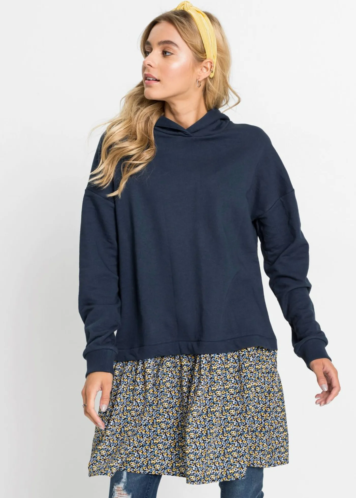 bonprix bonprix Vestido tipo sudadera con aspecto 2 en 1 Azul-amarillo New