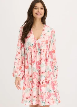 bonprix bonprix Vestido tipo túnica con falda acampanada crema-rosa pálido con flores Outlet