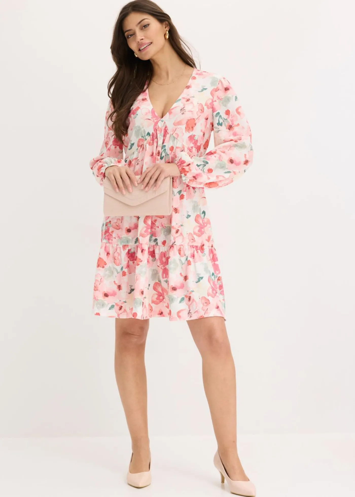 bonprix bonprix Vestido tipo túnica con falda acampanada crema-rosa pálido con flores Outlet