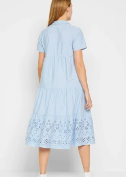 bonprix bonprix Vestido tipo túnica de algodón puro con bordado calado Azul perla Discount