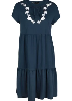 bonprix bonprix Vestido tipo túnica de algodón con manga corta Azul oscuro de flores