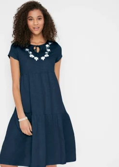 bonprix bonprix Vestido tipo túnica de algodón con manga corta Azul oscuro de flores
