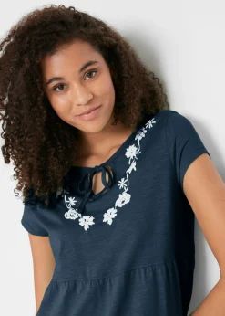 bonprix bonprix Vestido tipo túnica de algodón con manga corta Azul oscuro de flores