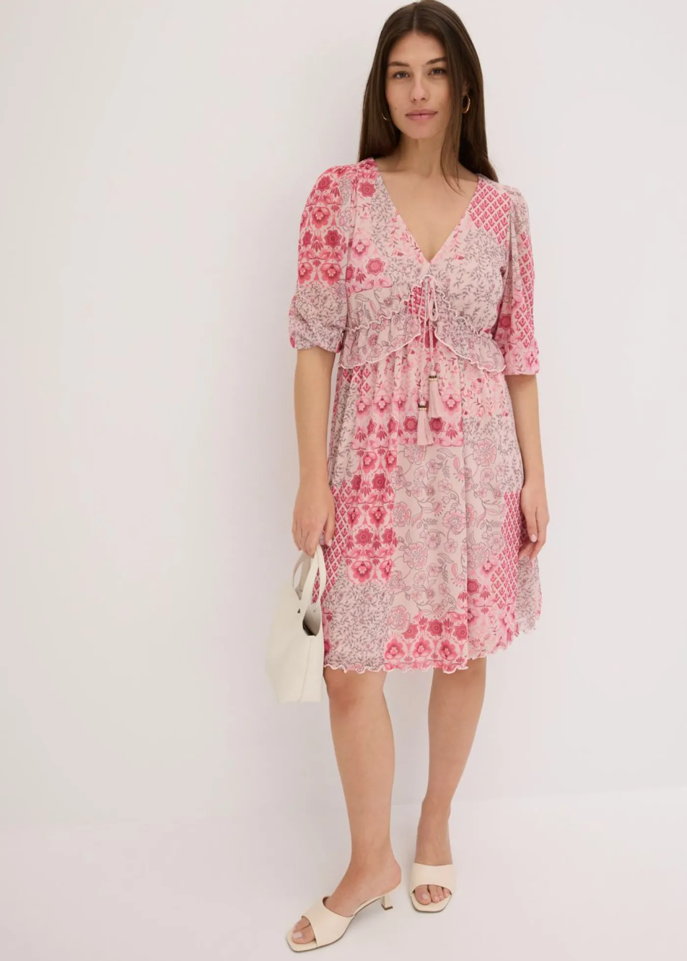 bonprix bonprix Vestido tipo túnica de malla estampada rosa caliente Sale