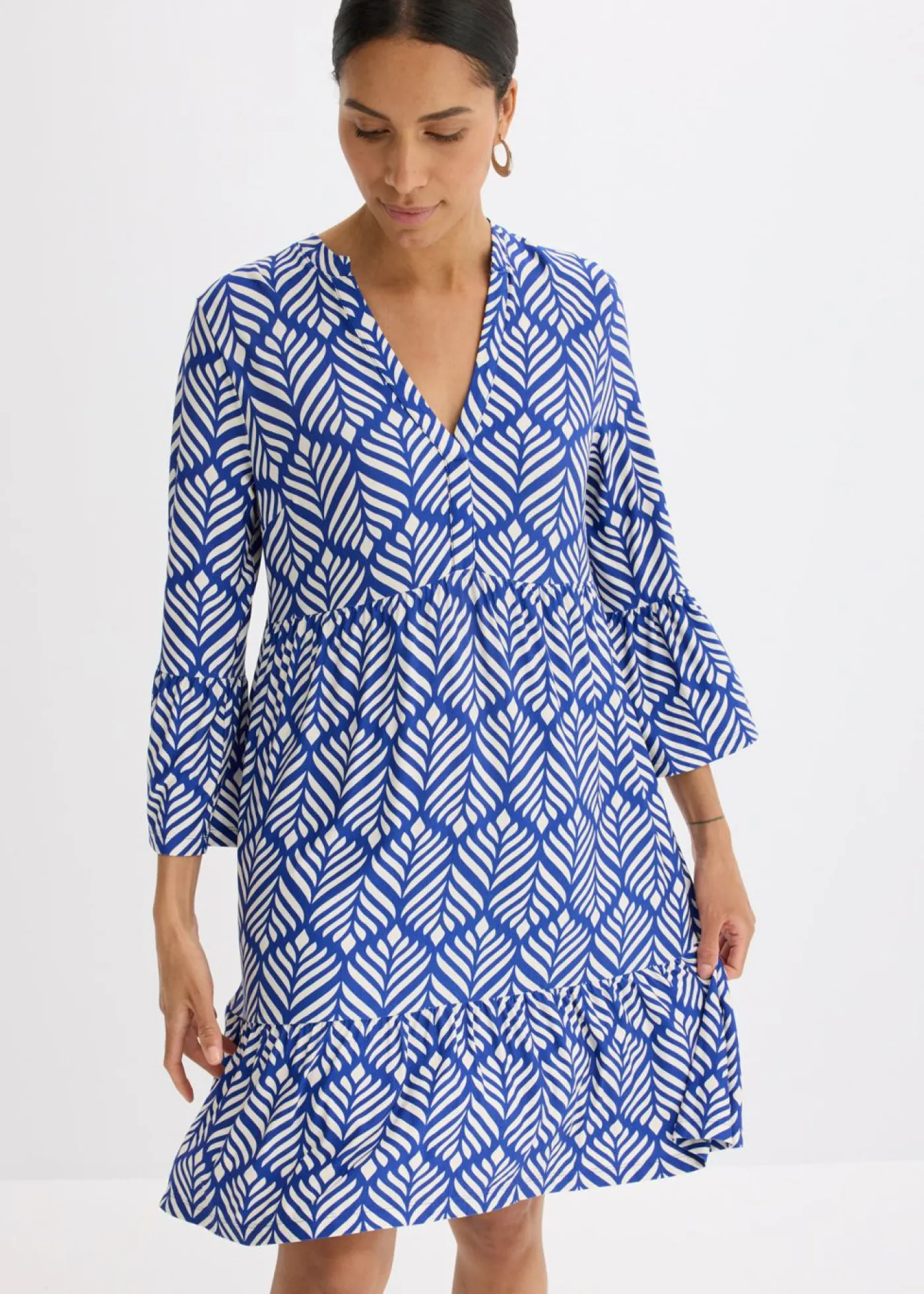 bonprix bonprix Vestido tipo túnica de punto de mezcla de viscosa suave Azul-blanco Discount