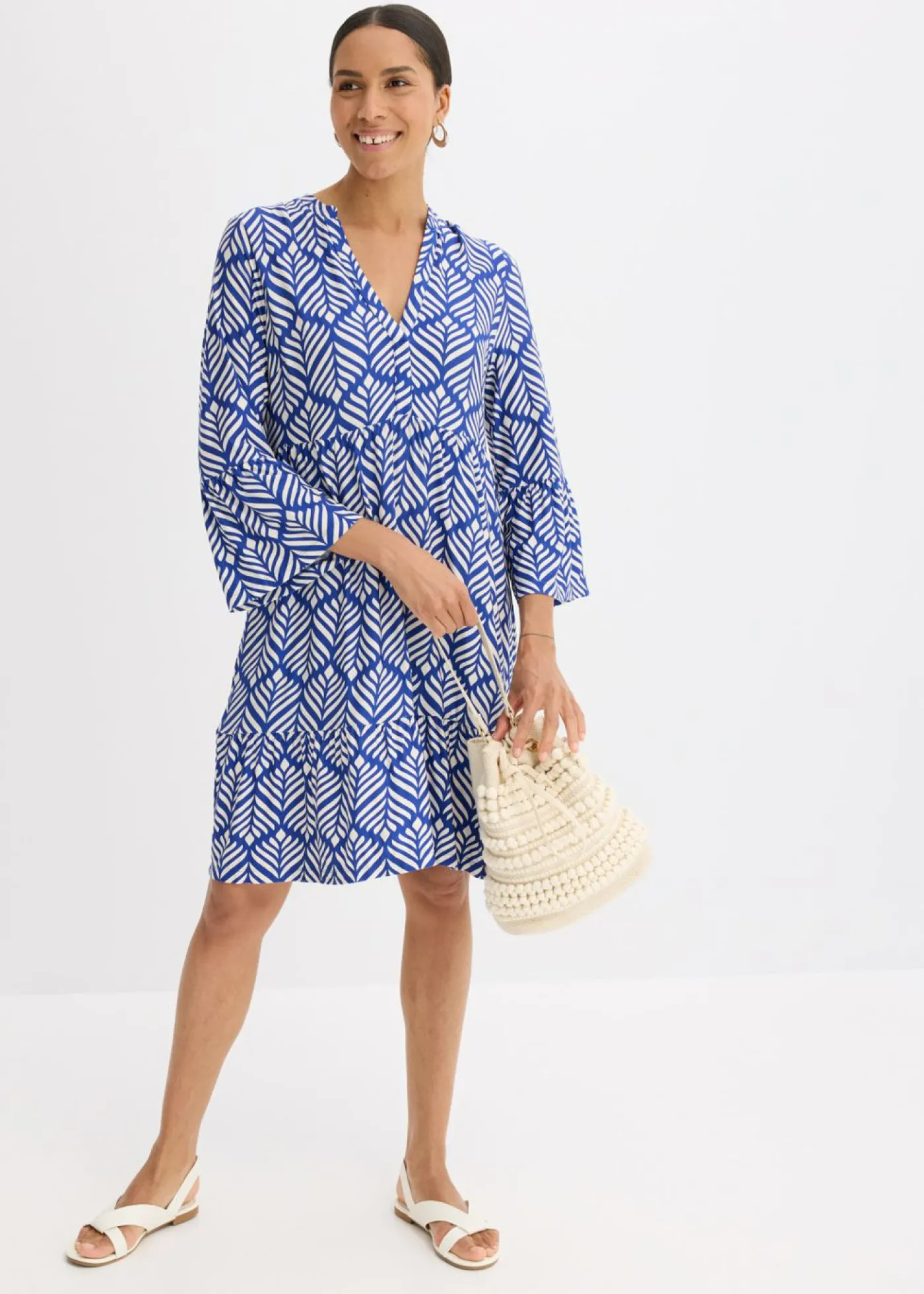 bonprix bonprix Vestido tipo túnica de punto de mezcla de viscosa suave Azul-blanco Discount