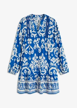 bonprix bonprix Vestido tipo túnica de viscosa fluida azur/blanco con estampado gráfico
