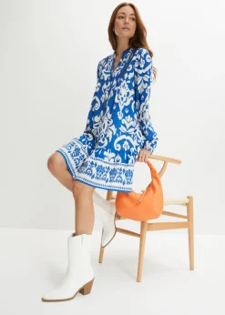 bonprix bonprix Vestido tipo túnica de viscosa fluida azur/blanco con estampado gráfico