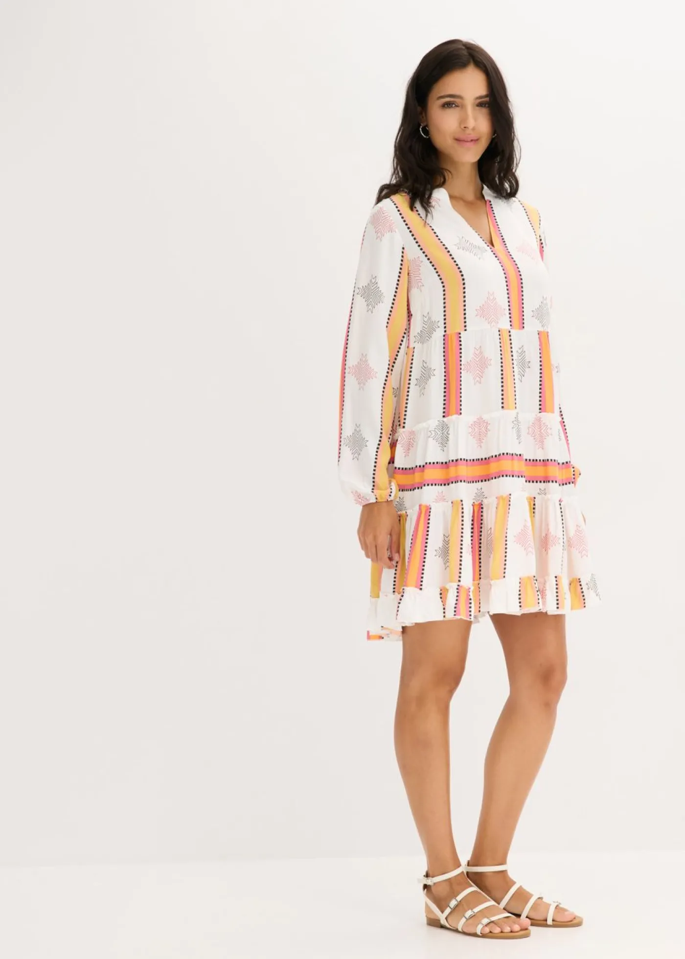 bonprix bonprix Vestido tipo túnica de viscosa fluida Blanco lana-naranja estampado Online