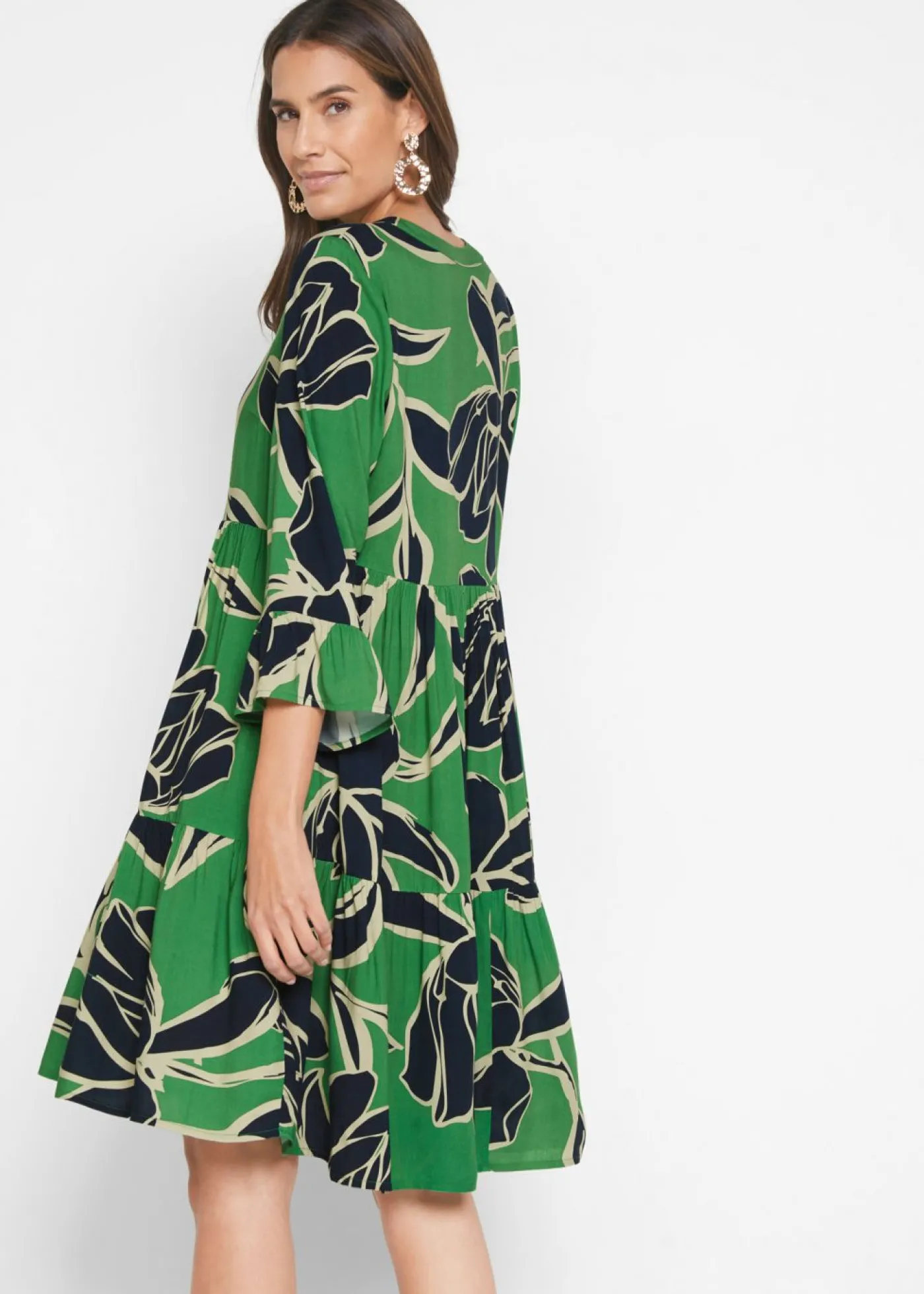 bonprix bonprix Vestido tipo túnica de viscosa fluida Verde ópalo/azul marino de flores Discount