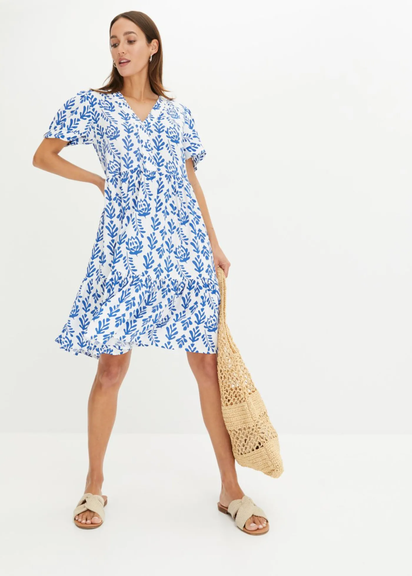bonprix bonprix Vestido tipo túnica de viscosa pura Blanco-azul ártico estampado Sale
